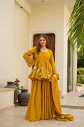 Mustard Yellow Embroidered Peplum Anarkali Sharara Set with Floral Motif Detailing & Scalloped Embellished Dupatta