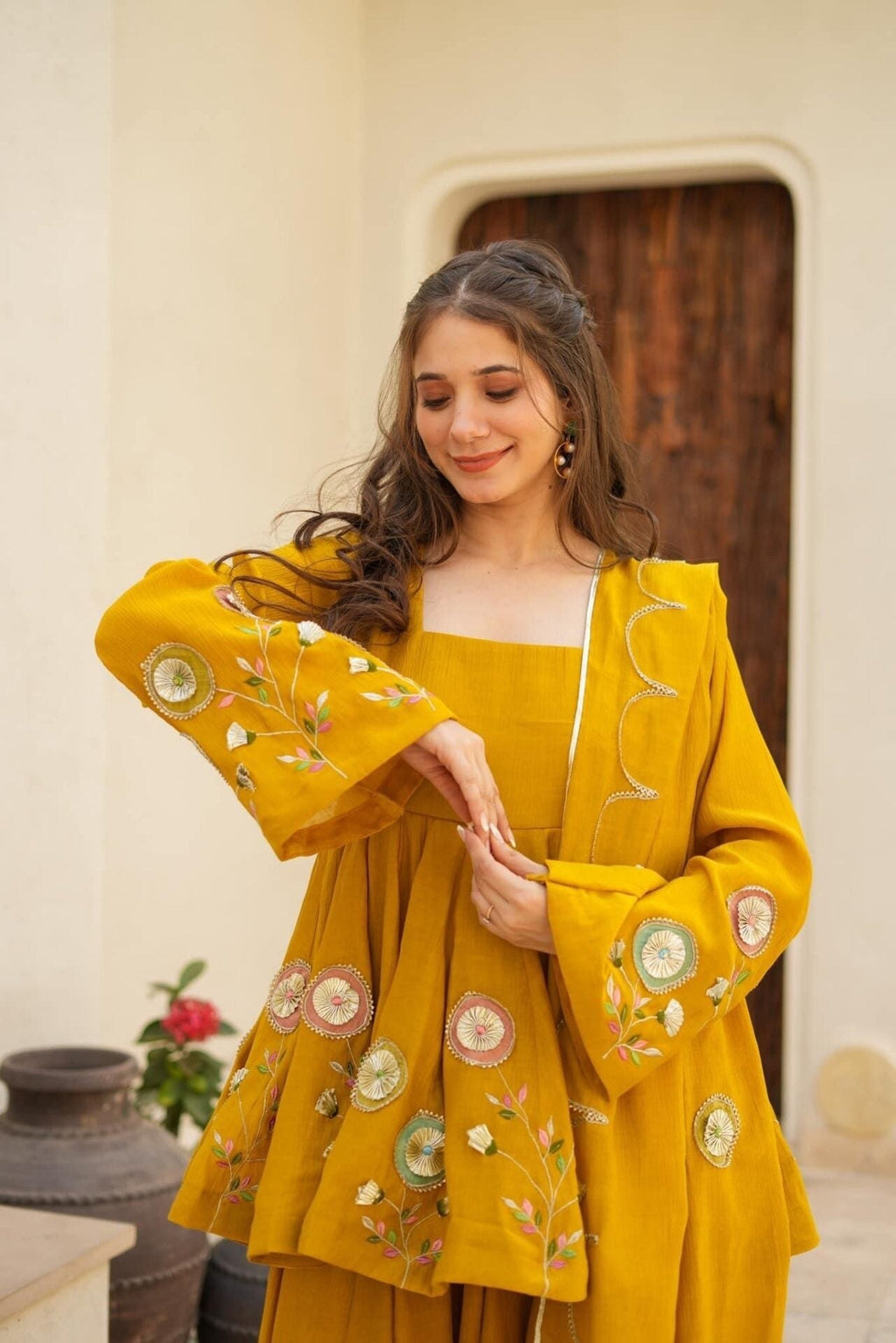 Mustard Yellow Embroidered Peplum Anarkali Sharara Set with Floral Motif Detailing & Scalloped Embellished Dupatta