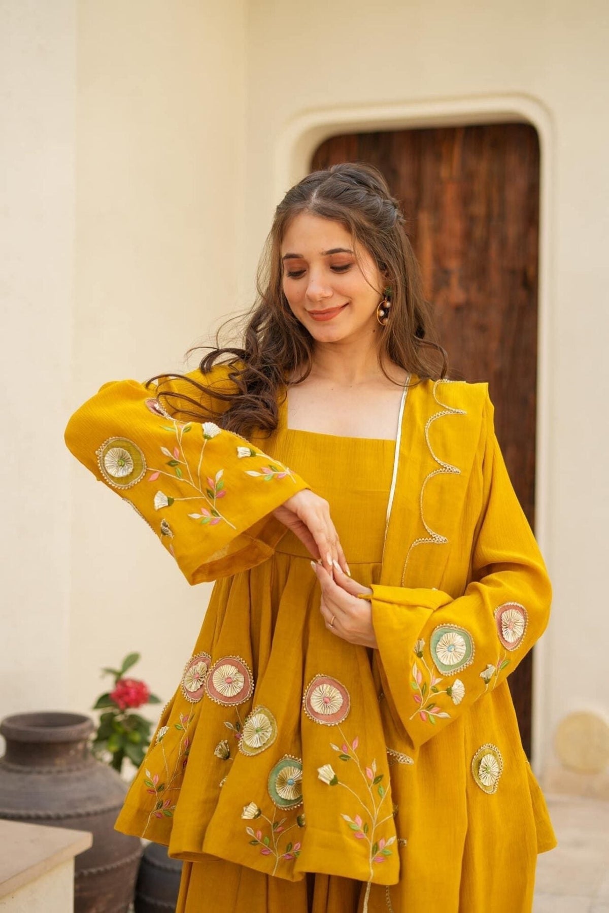 Mustard Yellow Embroidered Peplum Anarkali Sharara Set with Floral Motif Detailing & Scalloped Embellished Dupatta