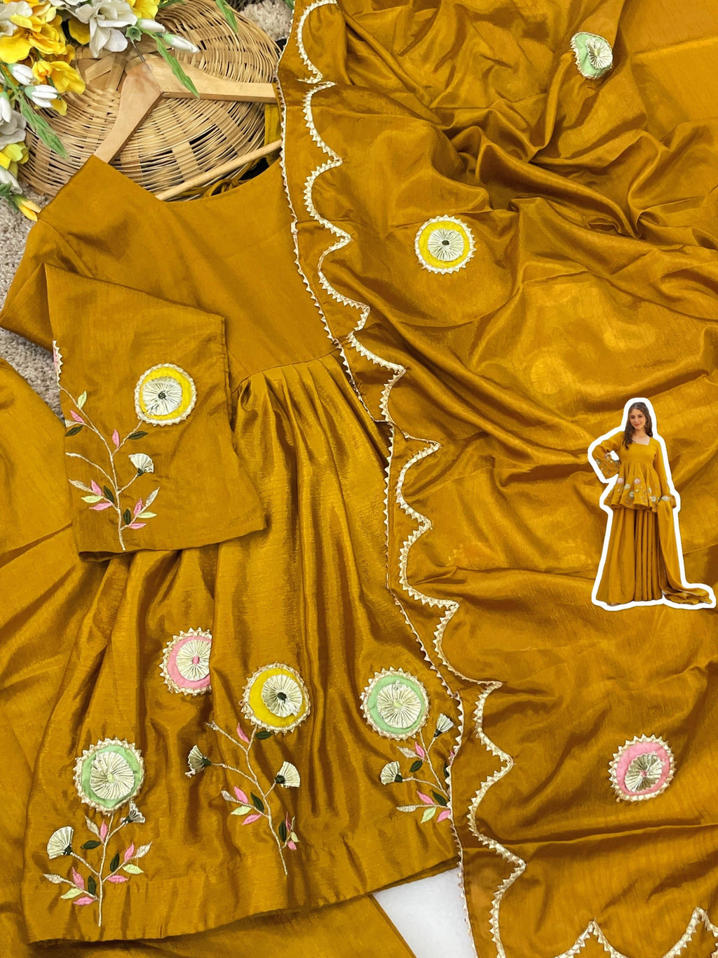 Mustard Yellow Embroidered Peplum Anarkali Sharara Set with Floral Motif Detailing & Scalloped Embellished Dupatta