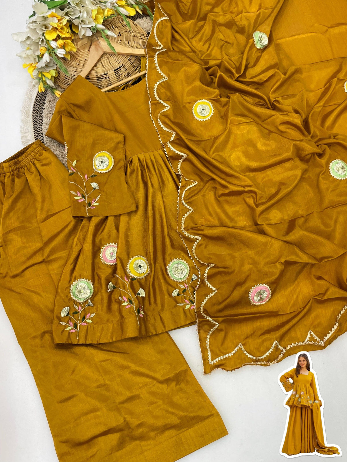Mustard Yellow Embroidered Peplum Anarkali Sharara Set with Floral Motif Detailing & Scalloped Embellished Dupatta