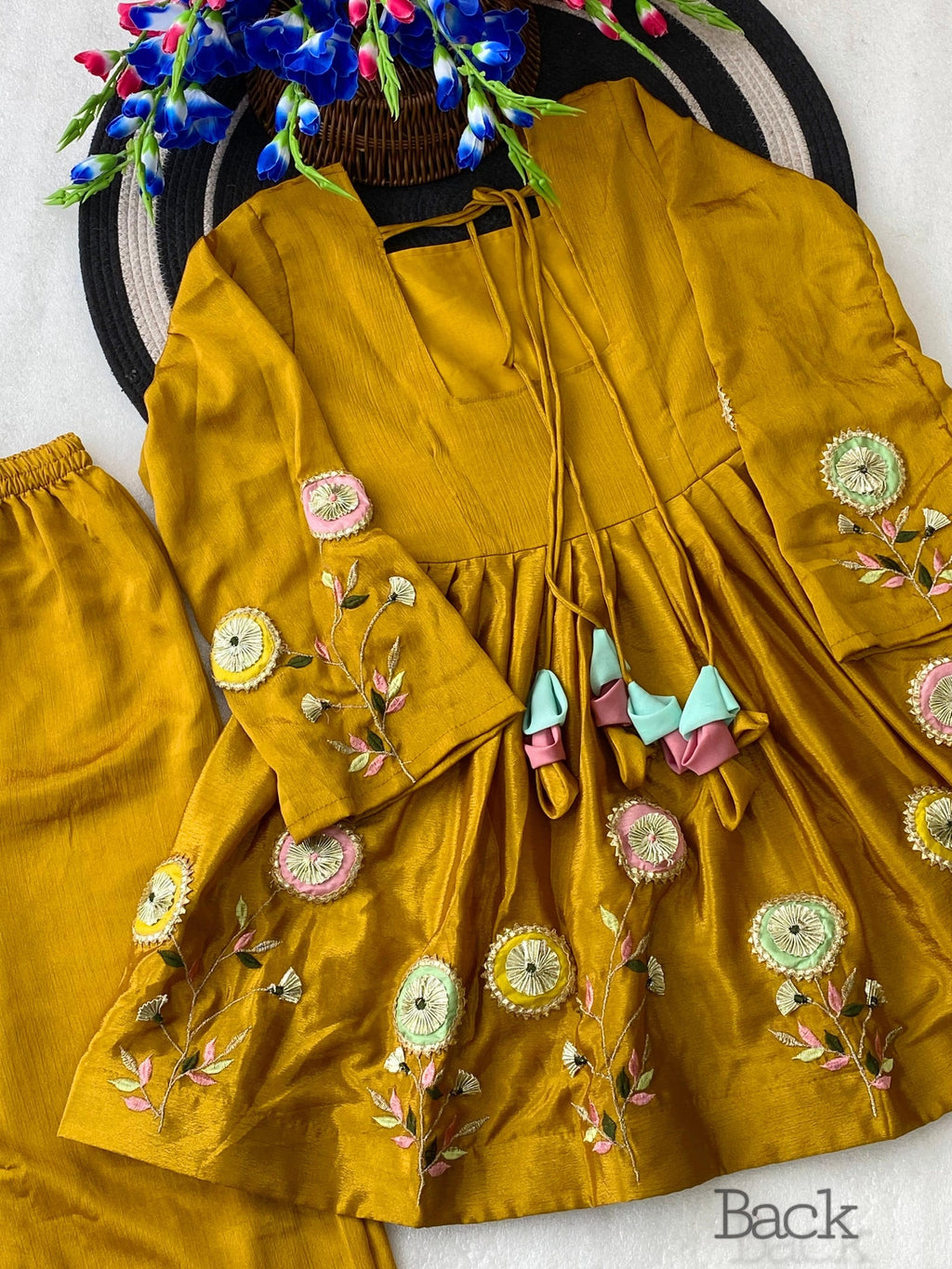 Mustard Yellow Embroidered Peplum Anarkali Sharara Set with Floral Motif Detailing & Scalloped Embellished Dupatta
