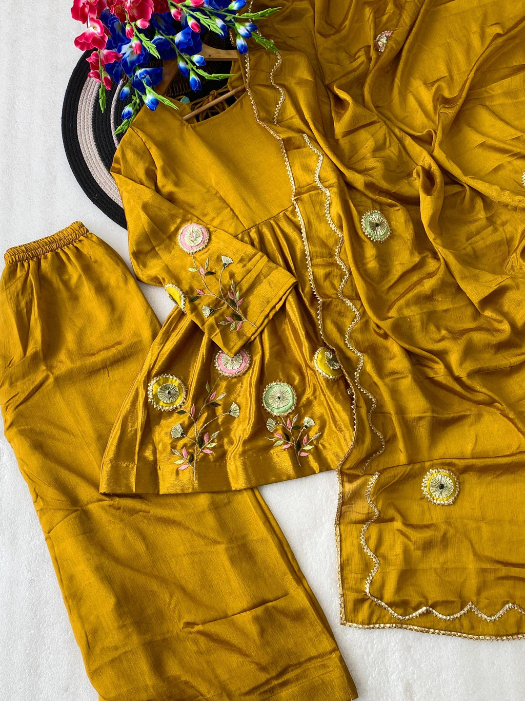 Mustard Yellow Embroidered Peplum Anarkali Sharara Set with Floral Motif Detailing & Scalloped Embellished Dupatta