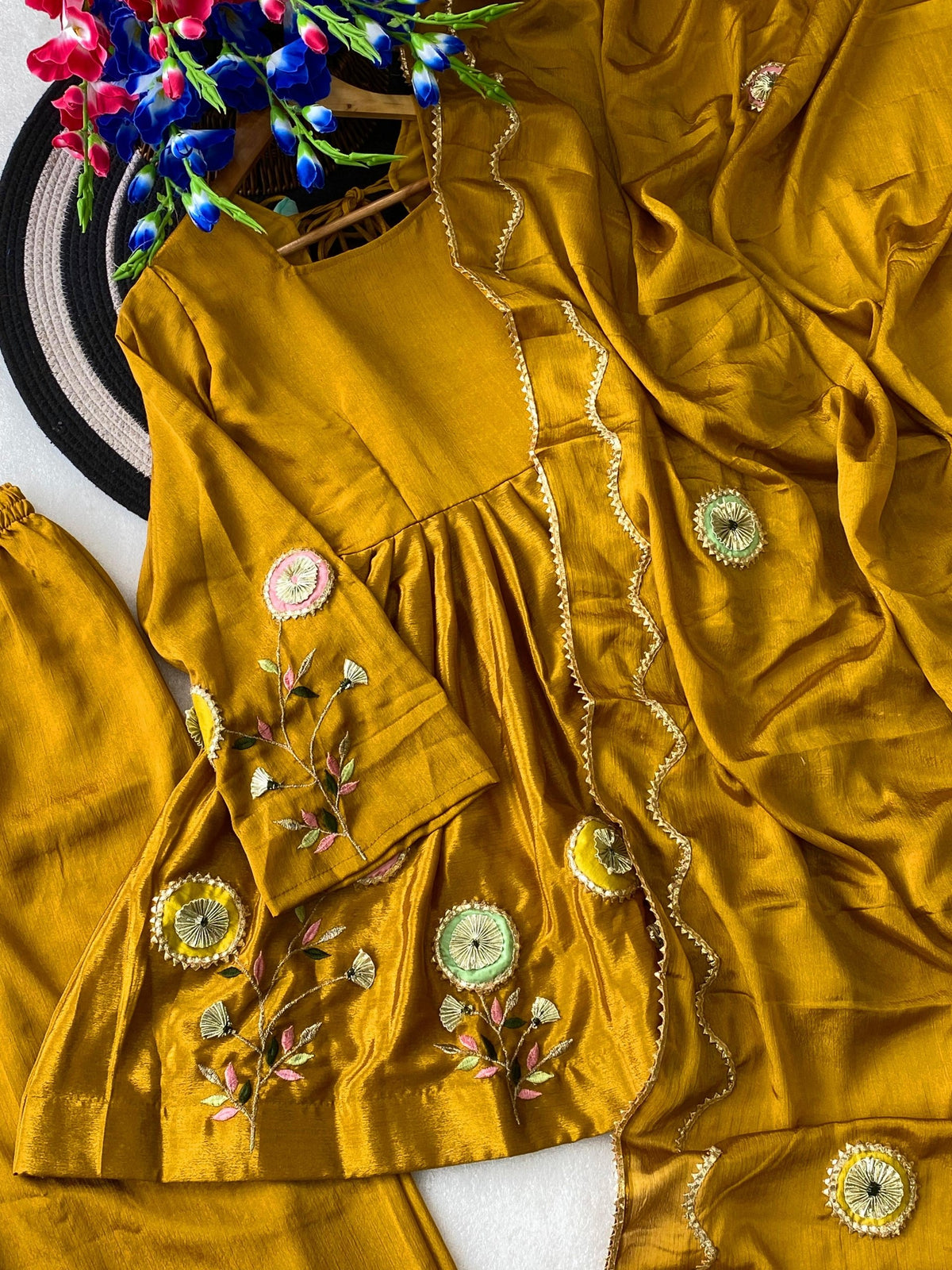 Mustard Yellow Embroidered Peplum Anarkali Sharara Set with Floral Motif Detailing & Scalloped Embellished Dupatta