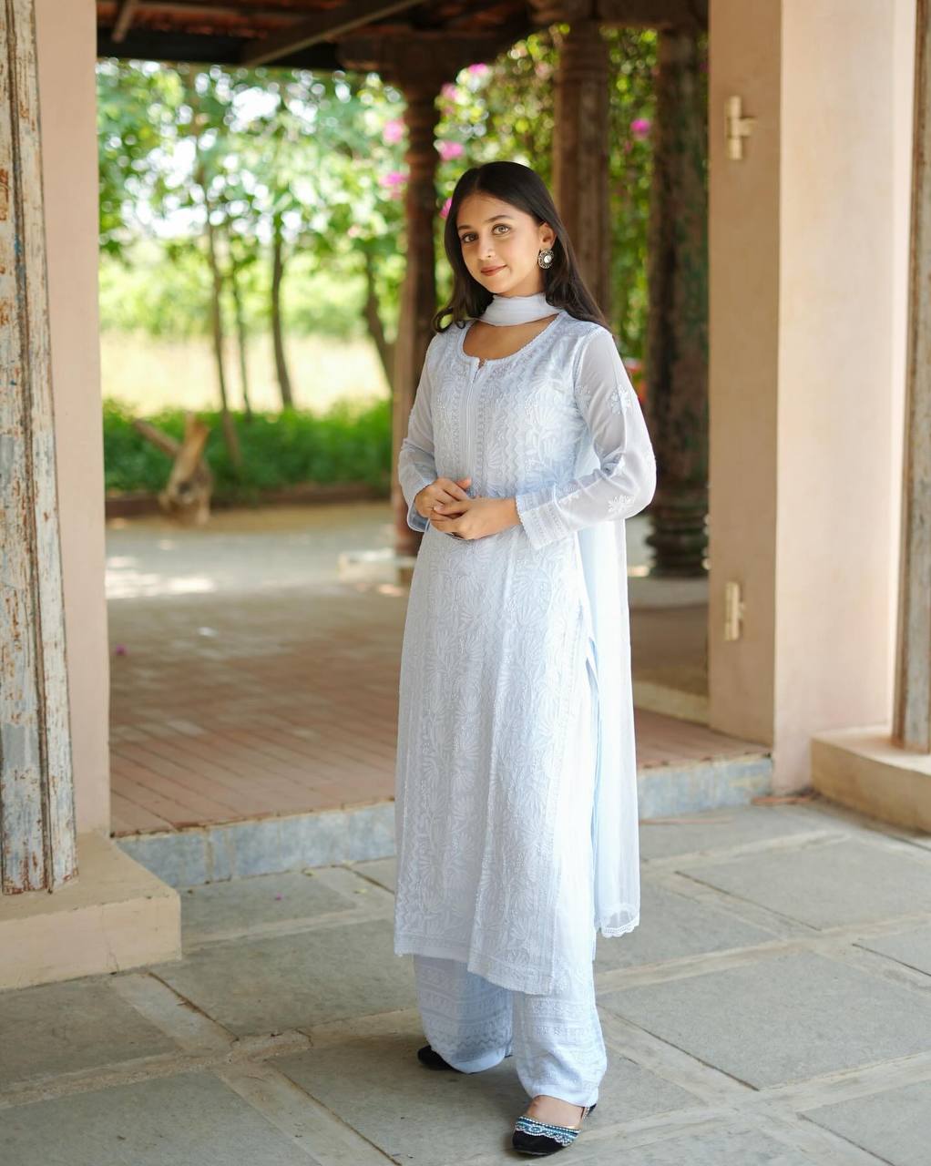 Ice Blue Floral Embroidered Straight Kurta Set with Lace-Detail Pants & Lightweight Dupatta