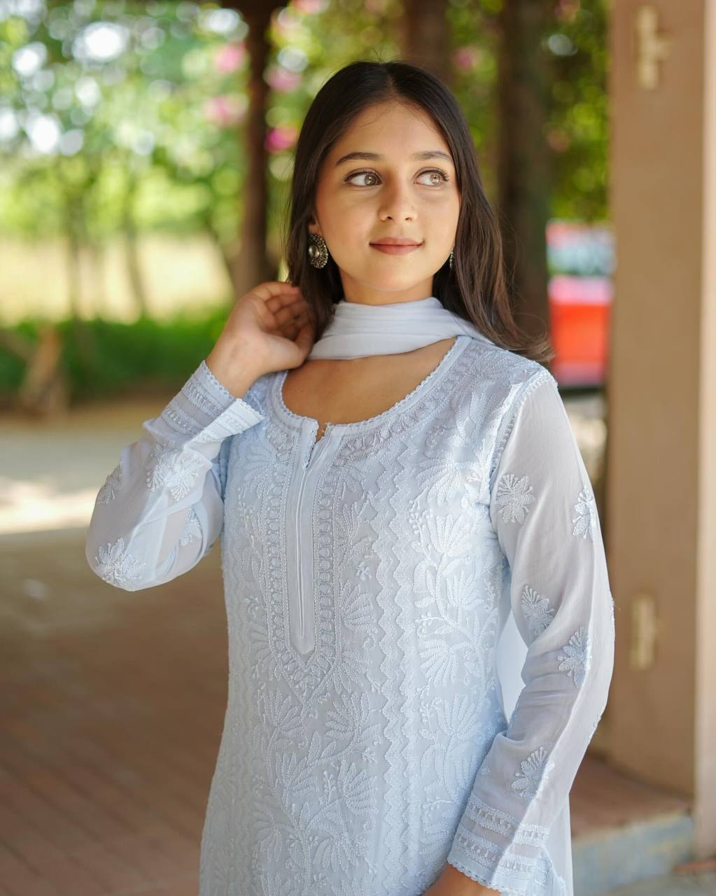 Ice Blue Floral Embroidered Straight Kurta Set with Lace-Detail Pants & Lightweight Dupatta