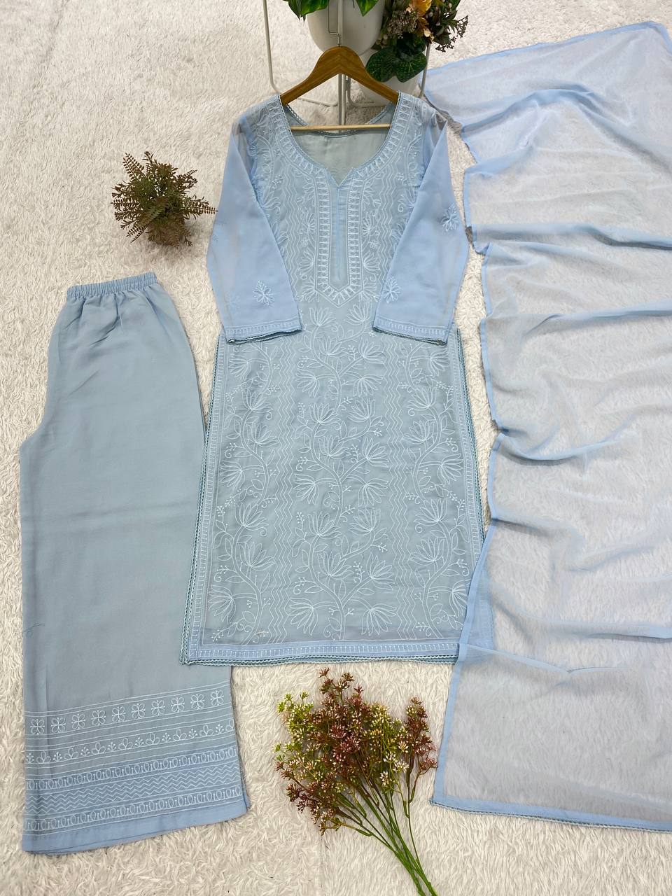 Ice Blue Floral Embroidered Straight Kurta Set with Lace-Detail Pants & Lightweight Dupatta