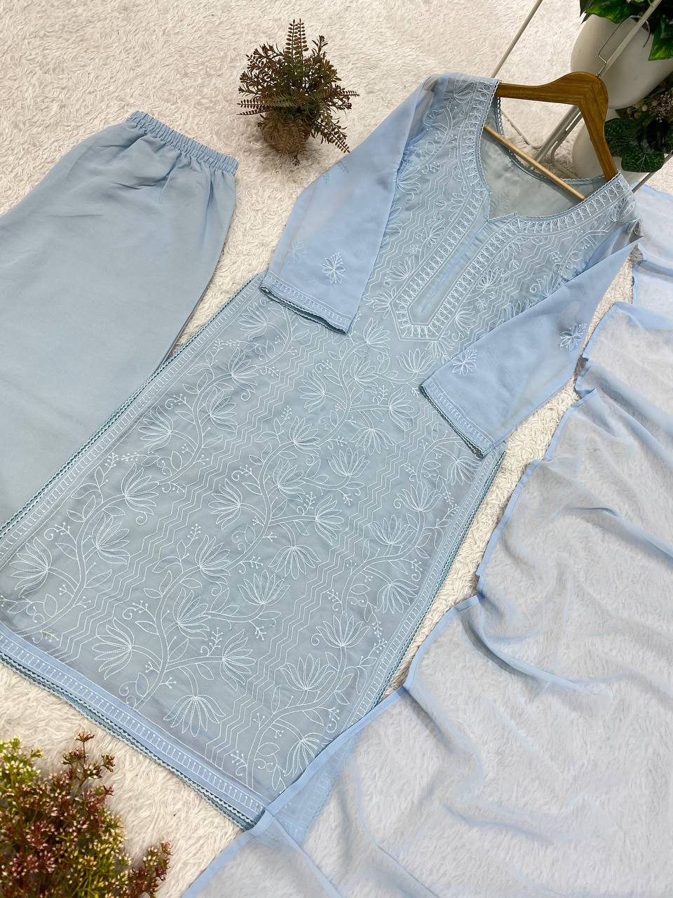 Ice Blue Floral Embroidered Straight Kurta Set with Lace-Detail Pants & Lightweight Dupatta