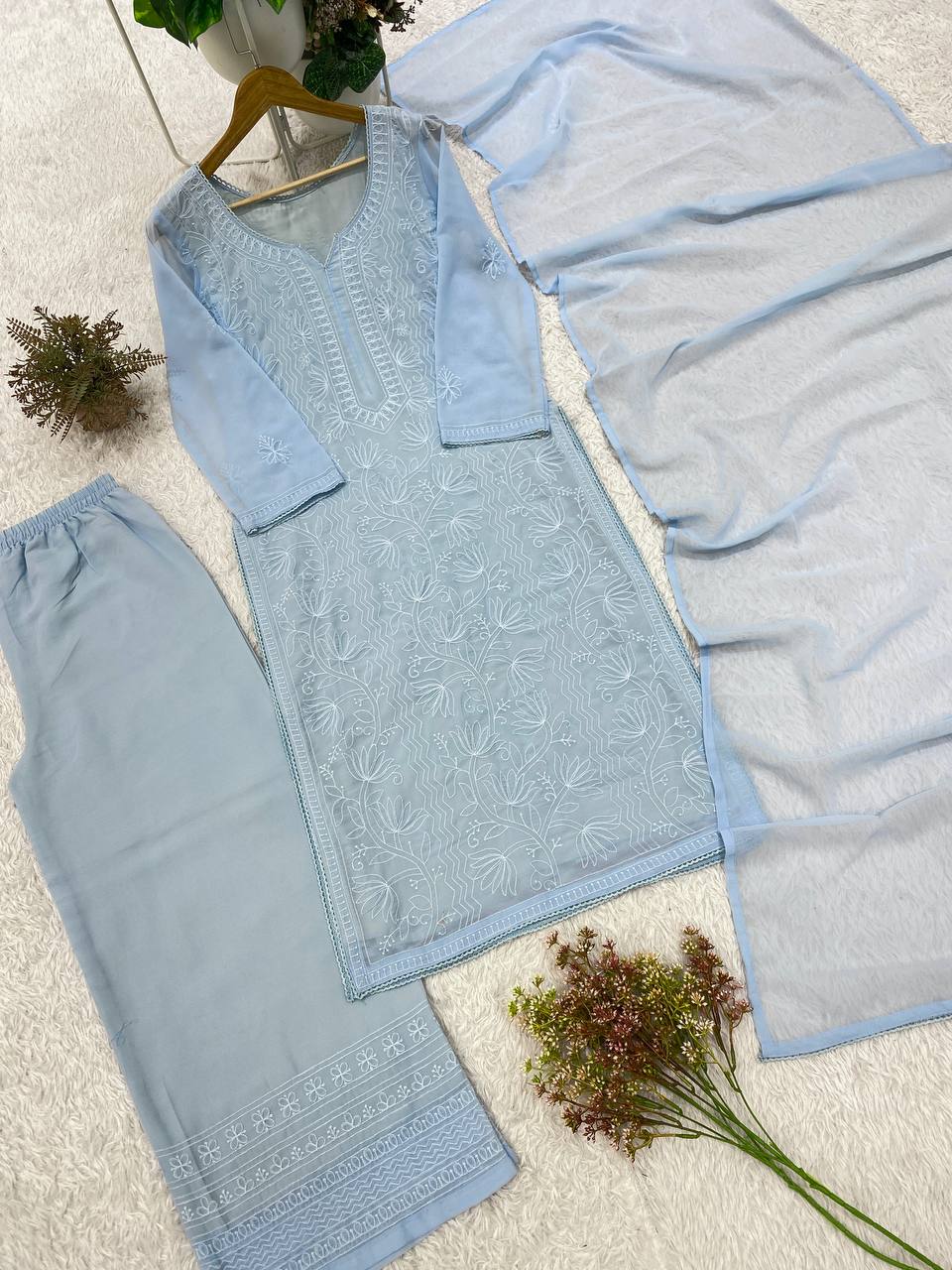 Ice Blue Floral Embroidered Straight Kurta Set with Lace-Detail Pants & Lightweight Dupatta