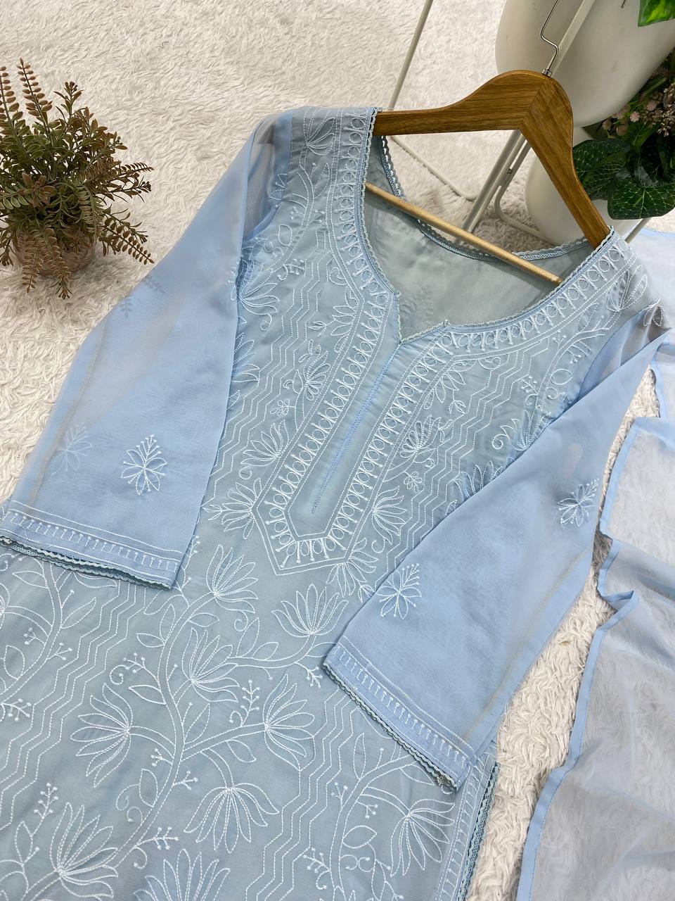 Ice Blue Floral Embroidered Straight Kurta Set with Lace-Detail Pants & Lightweight Dupatta