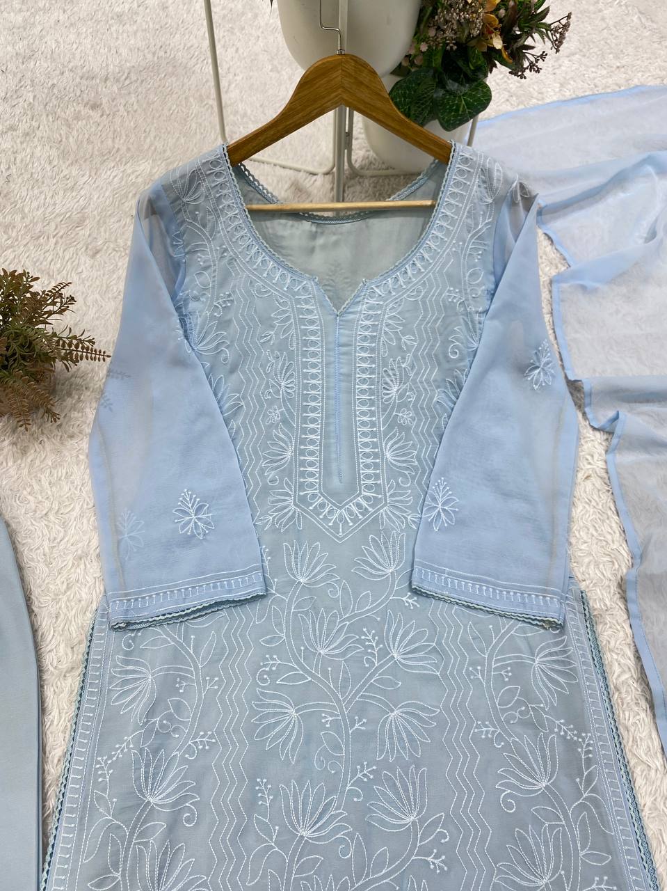 Ice Blue Floral Embroidered Straight Kurta Set with Lace-Detail Pants & Lightweight Dupatta