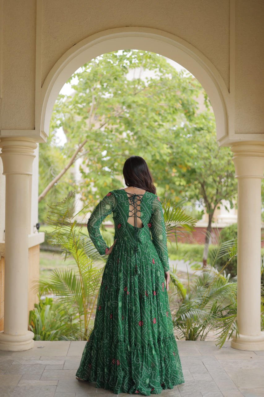 Traditional Green Bandhani Flared Anarkali with Ornate Mirror Work & Embroidered Yoke