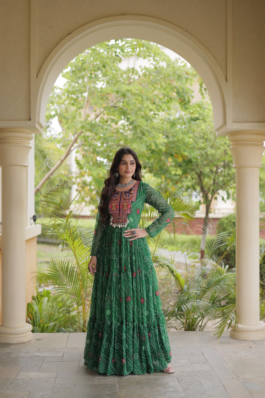 Traditional Green Bandhani Flared Anarkali with Ornate Mirror Work & Embroidered Yoke