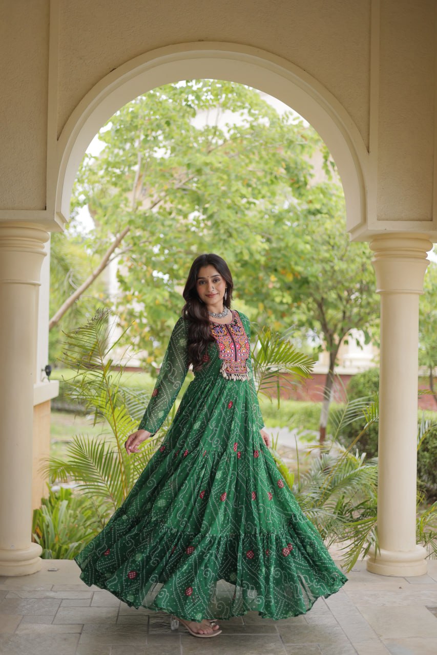 Traditional Green Bandhani Flared Anarkali with Ornate Mirror Work & Embroidered Yoke