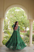 Traditional Green Bandhani Flared Anarkali with Ornate Mirror Work & Embroidered Yoke