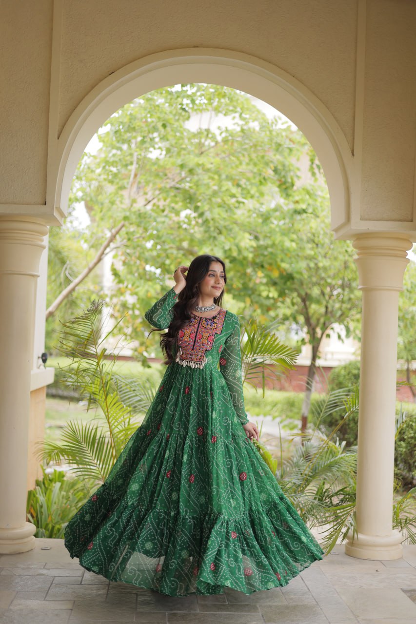 Traditional Green Bandhani Flared Anarkali with Ornate Mirror Work & Embroidered Yoke
