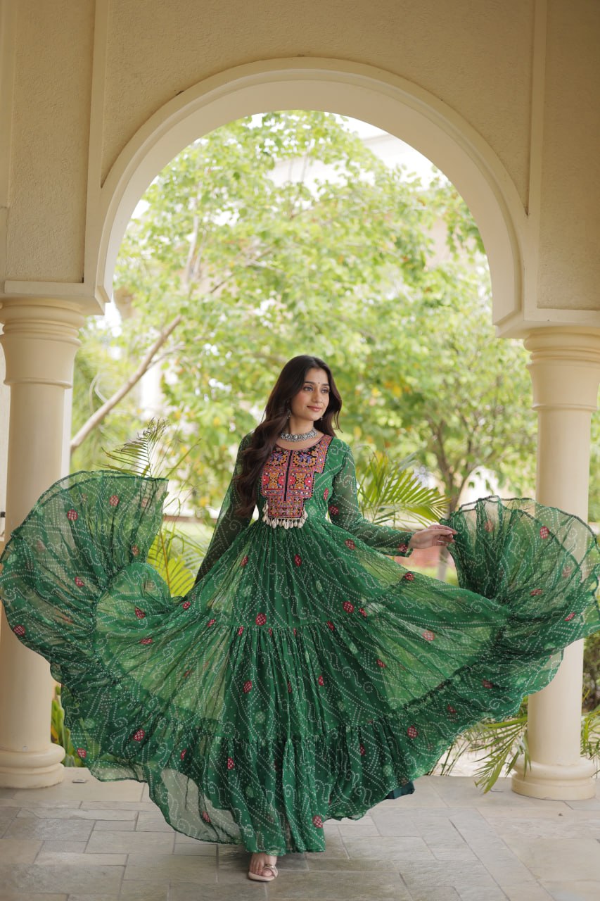Traditional Green Bandhani Flared Anarkali with Ornate Mirror Work & Embroidered Yoke