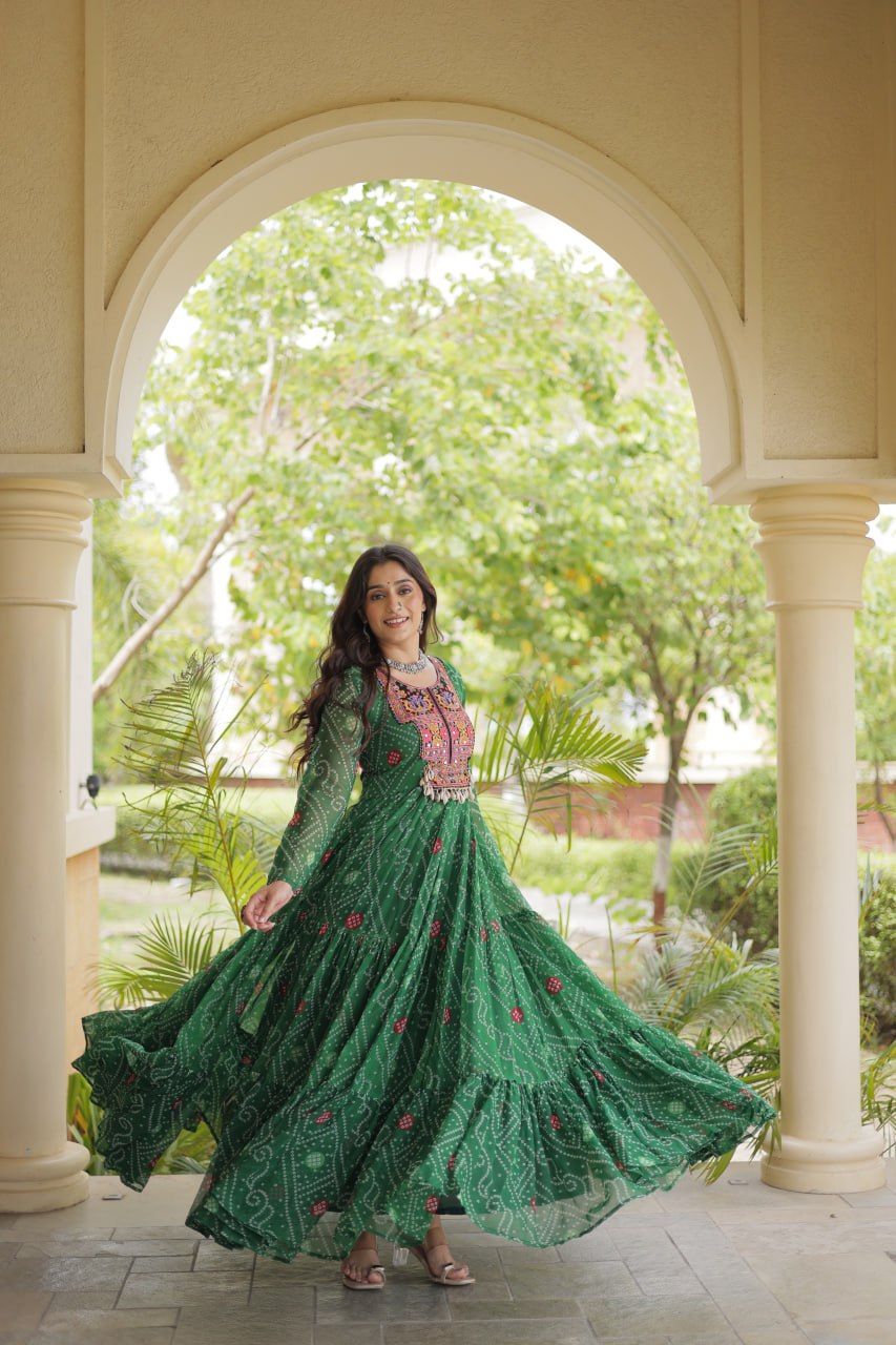 Traditional Green Bandhani Flared Anarkali with Ornate Mirror Work & Embroidered Yoke