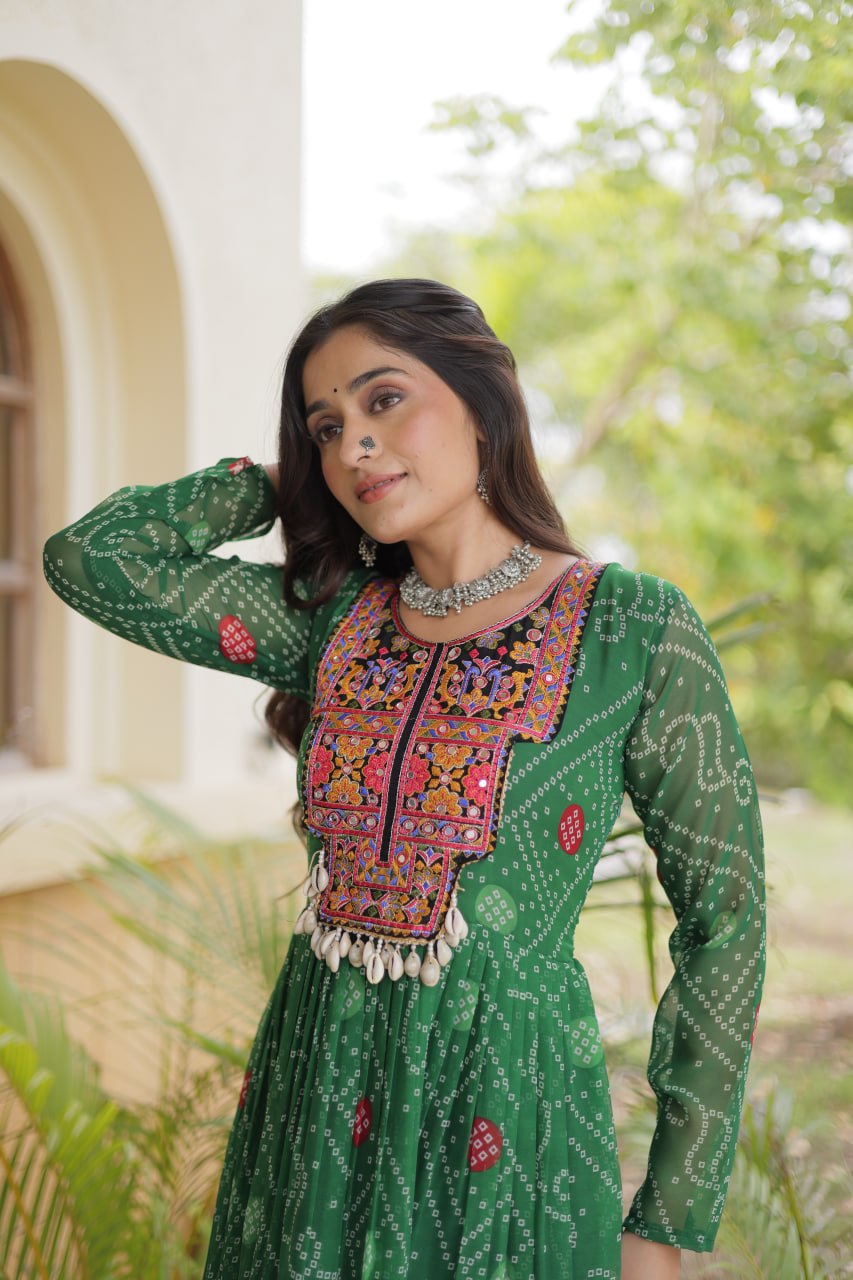 Traditional Green Bandhani Flared Anarkali with Ornate Mirror Work & Embroidered Yoke