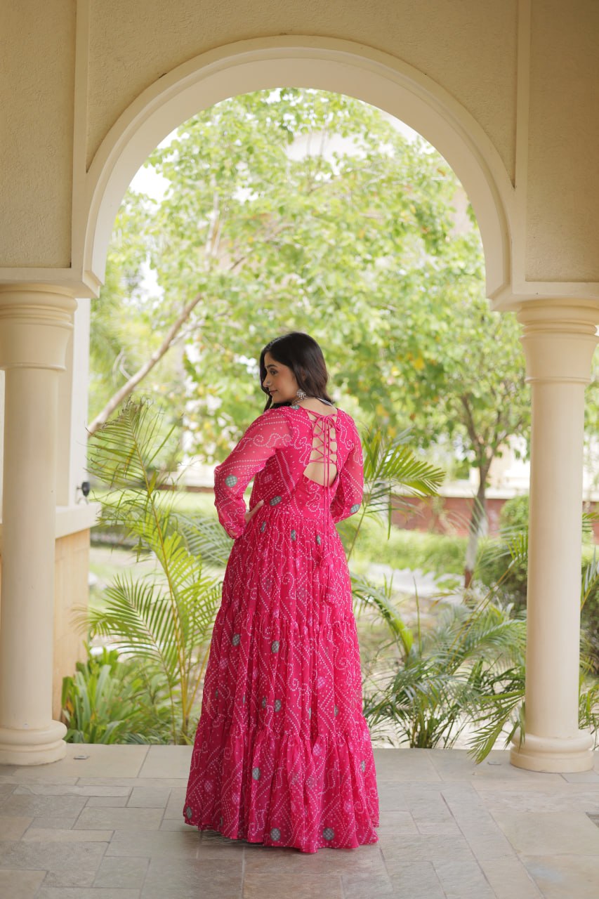 Pink Royal Bandhani Anarkali with Colourful Threadwork Yoke, Intricate Motifs & Statement Full-Length Flare