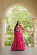 Pink Royal Bandhani Anarkali with Colourful Threadwork Yoke, Intricate Motifs & Statement Full-Length Flare