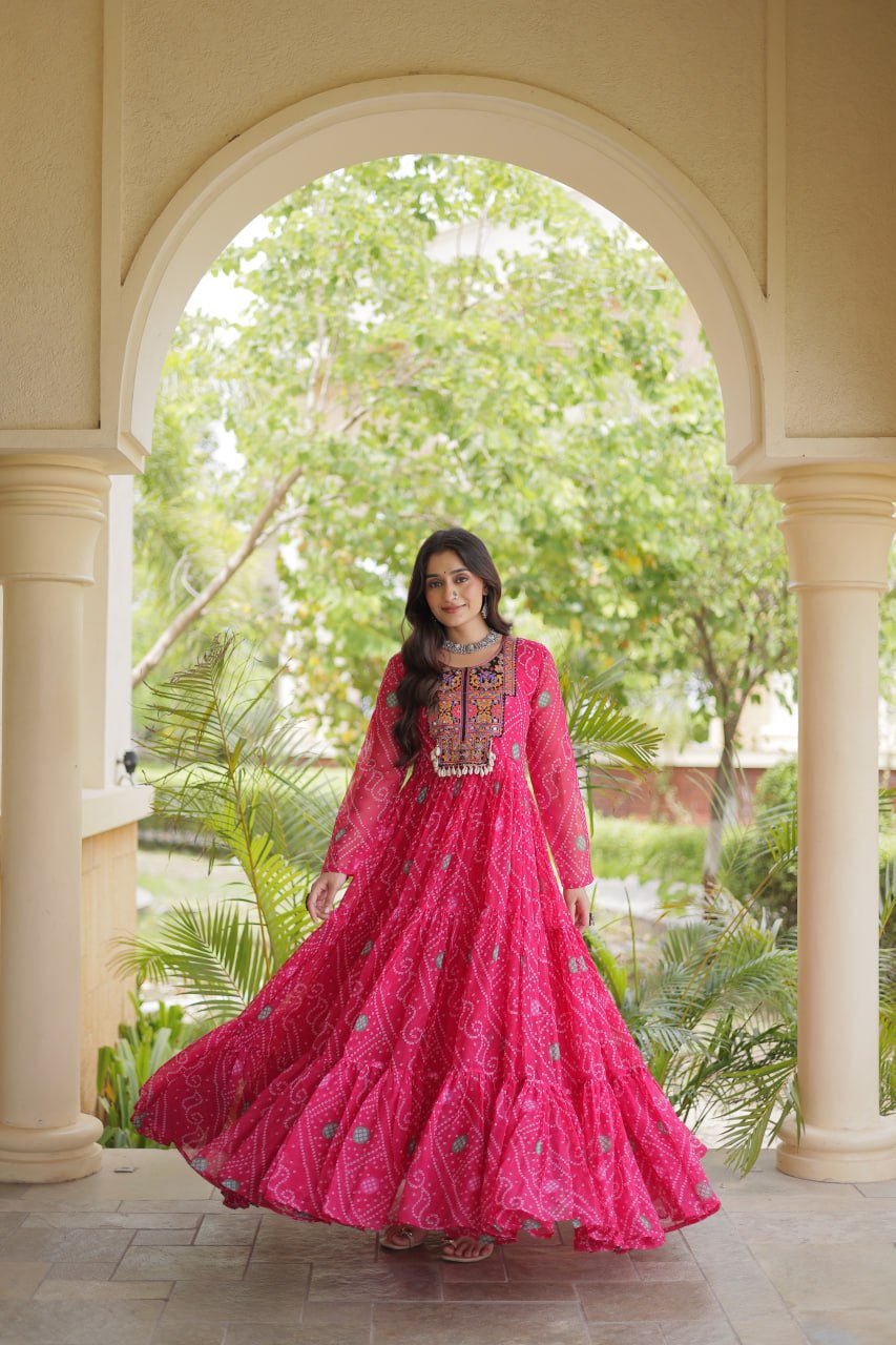 Pink Royal Bandhani Anarkali with Colourful Threadwork Yoke, Intricate Motifs & Statement Full-Length Flare