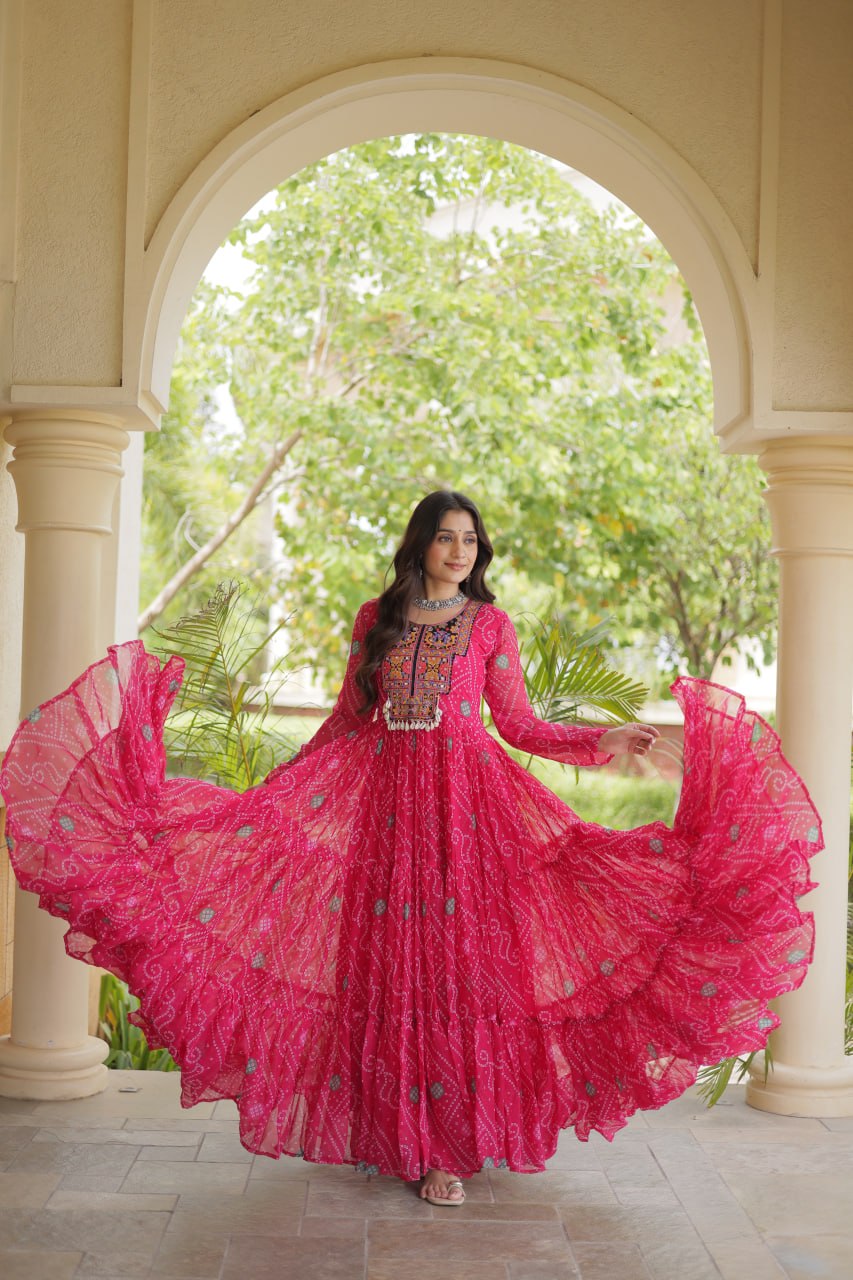 Pink Royal Bandhani Anarkali with Colourful Threadwork Yoke, Intricate Motifs & Statement Full-Length Flare