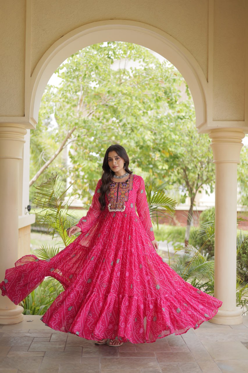 Pink Royal Bandhani Anarkali with Colourful Threadwork Yoke, Intricate Motifs & Statement Full-Length Flare