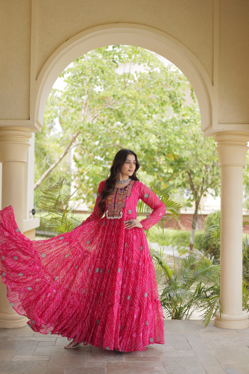 Pink Royal Bandhani Anarkali with Colourful Threadwork Yoke, Intricate Motifs & Statement Full-Length Flare