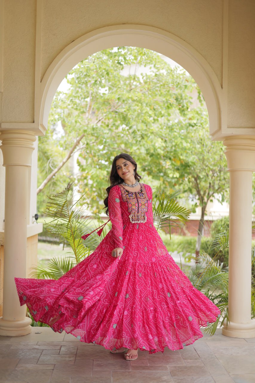 Pink Royal Bandhani Anarkali with Colourful Threadwork Yoke, Intricate Motifs & Statement Full-Length Flare