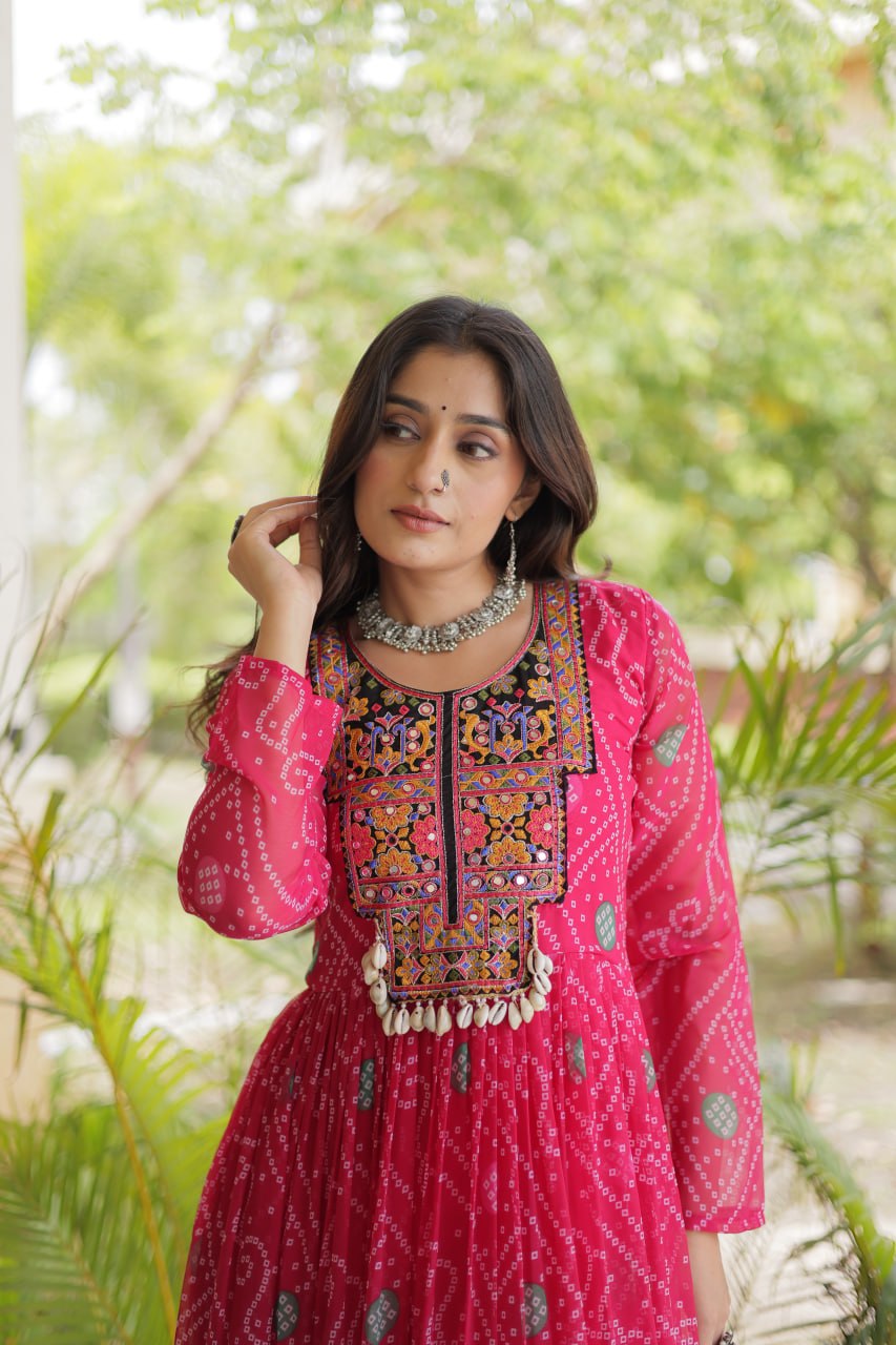 Pink Royal Bandhani Anarkali with Colourful Threadwork Yoke, Intricate Motifs & Statement Full-Length Flare