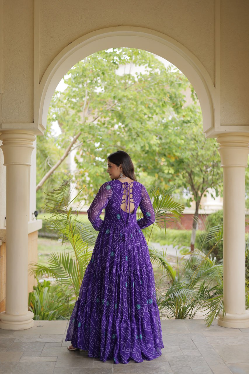 Royal Purple Bandhani Print Anarkali with Multicolour Embroidered Yoke & Full-Flare Silhouette