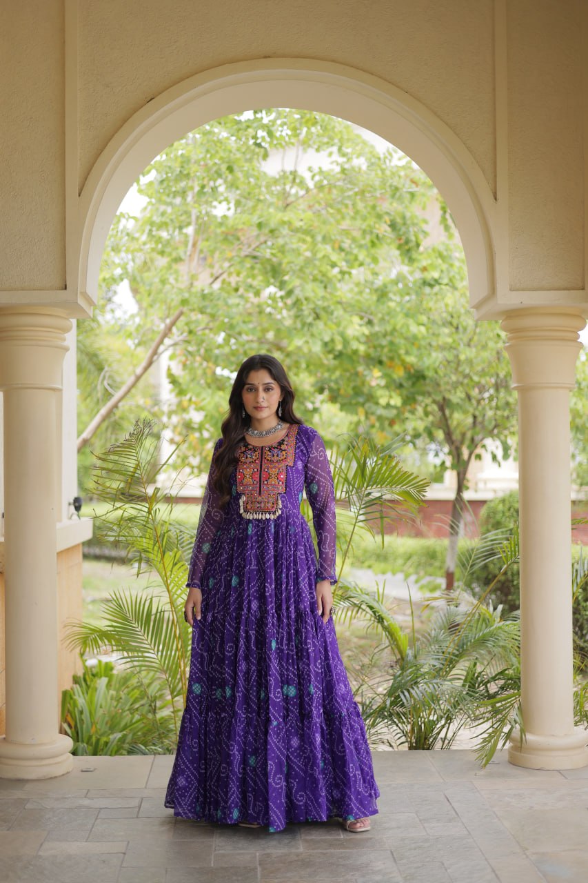Royal Purple Bandhani Print Anarkali with Multicolour Embroidered Yoke & Full-Flare Silhouette
