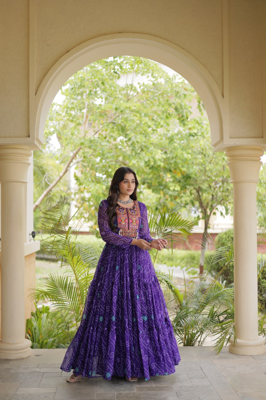 Royal Purple Bandhani Print Anarkali with Multicolour Embroidered Yoke & Full-Flare Silhouette
