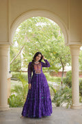 Royal Purple Bandhani Print Anarkali with Multicolour Embroidered Yoke & Full-Flare Silhouette
