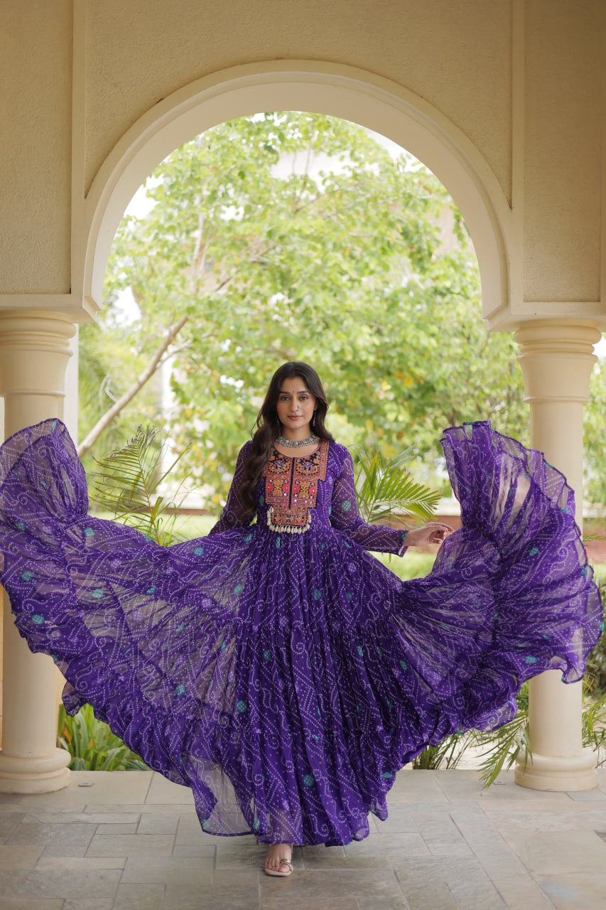 Royal Purple Bandhani Print Anarkali with Multicolour Embroidered Yoke & Full-Flare Silhouette