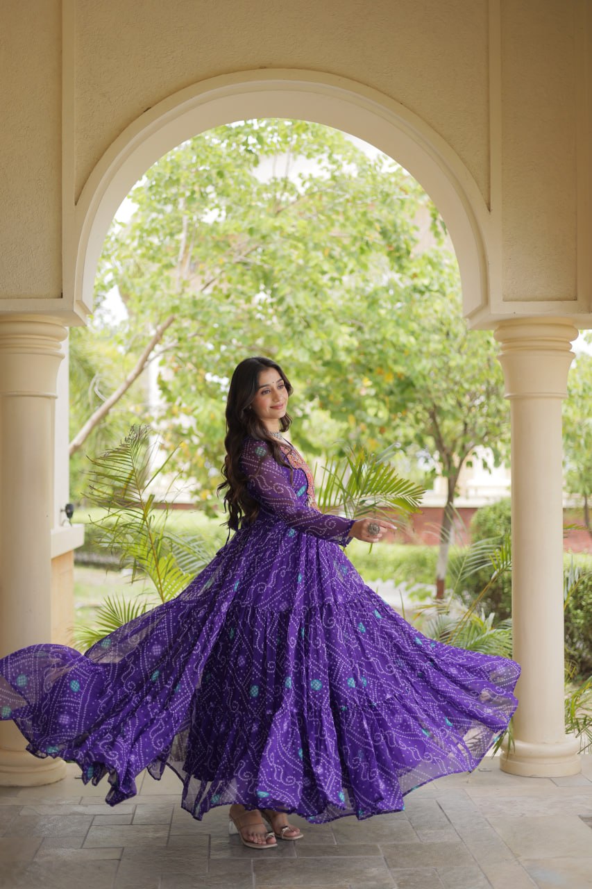 Royal Purple Bandhani Print Anarkali with Multicolour Embroidered Yoke & Full-Flare Silhouette