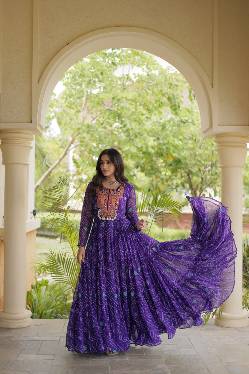 Royal Purple Bandhani Print Anarkali with Multicolour Embroidered Yoke & Full-Flare Silhouette