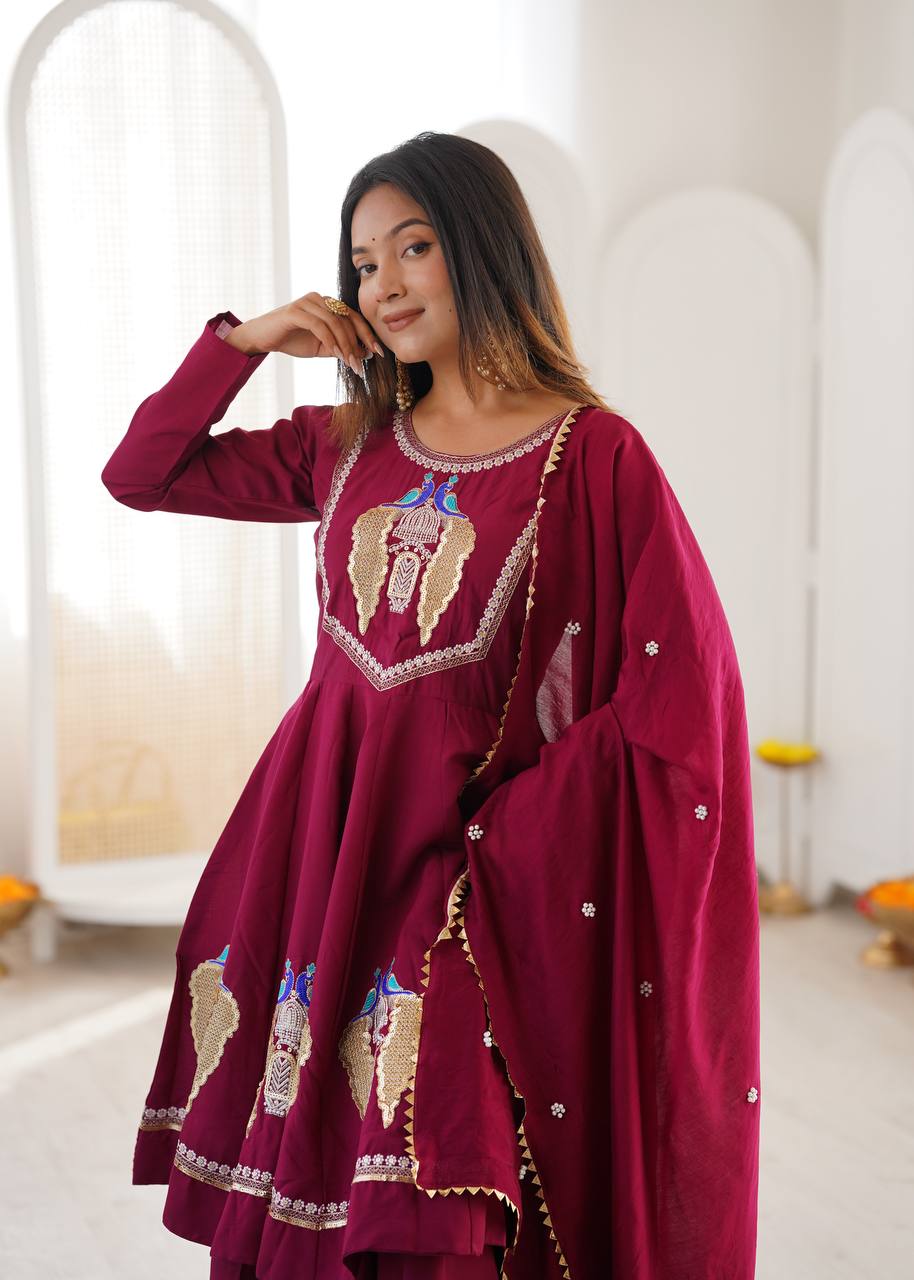 Wine Maroon Peacock Embroidered Anarkali with Palazzo & Contrast Border Dupatta