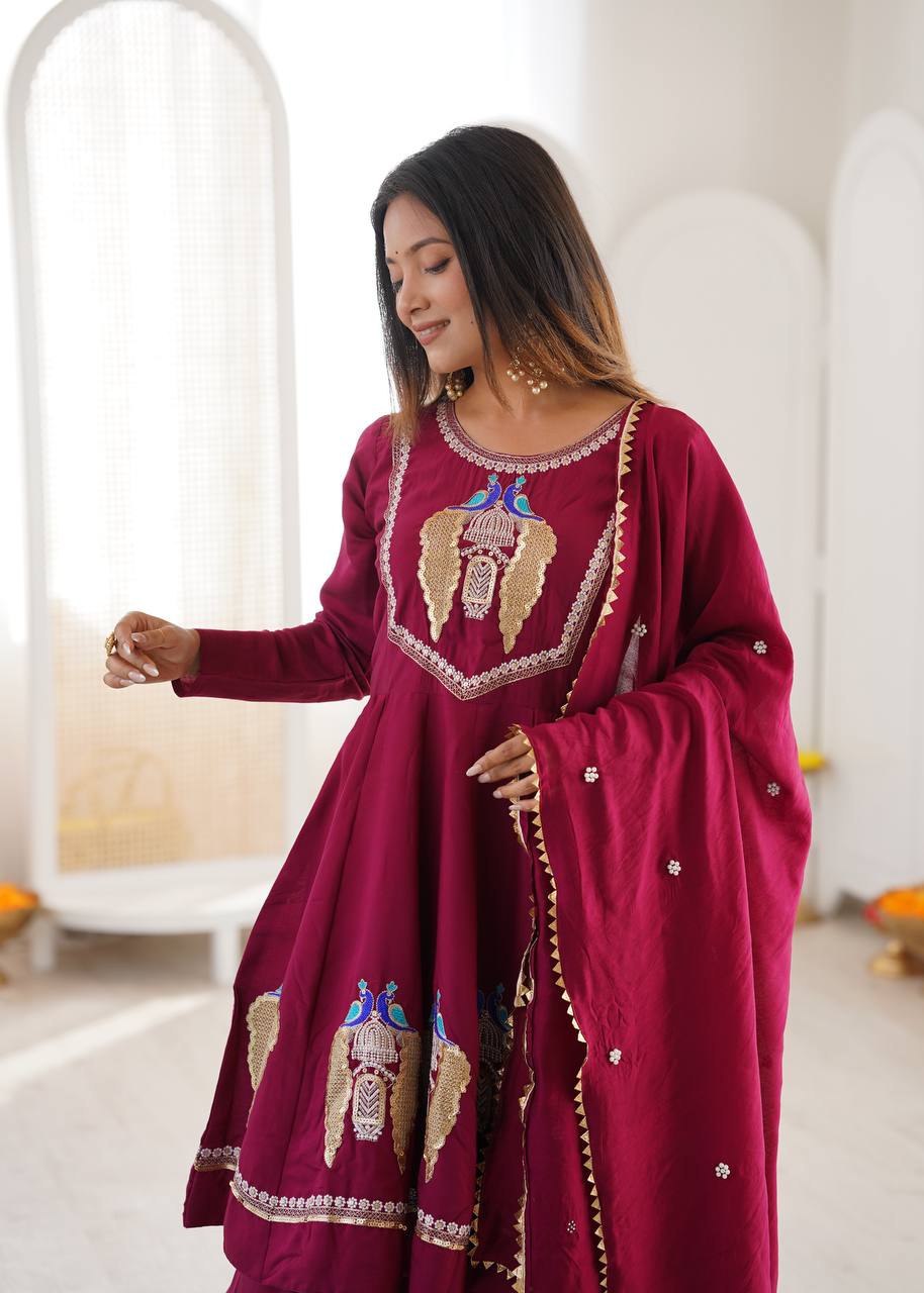 Wine Maroon Peacock Embroidered Anarkali with Palazzo & Contrast Border Dupatta