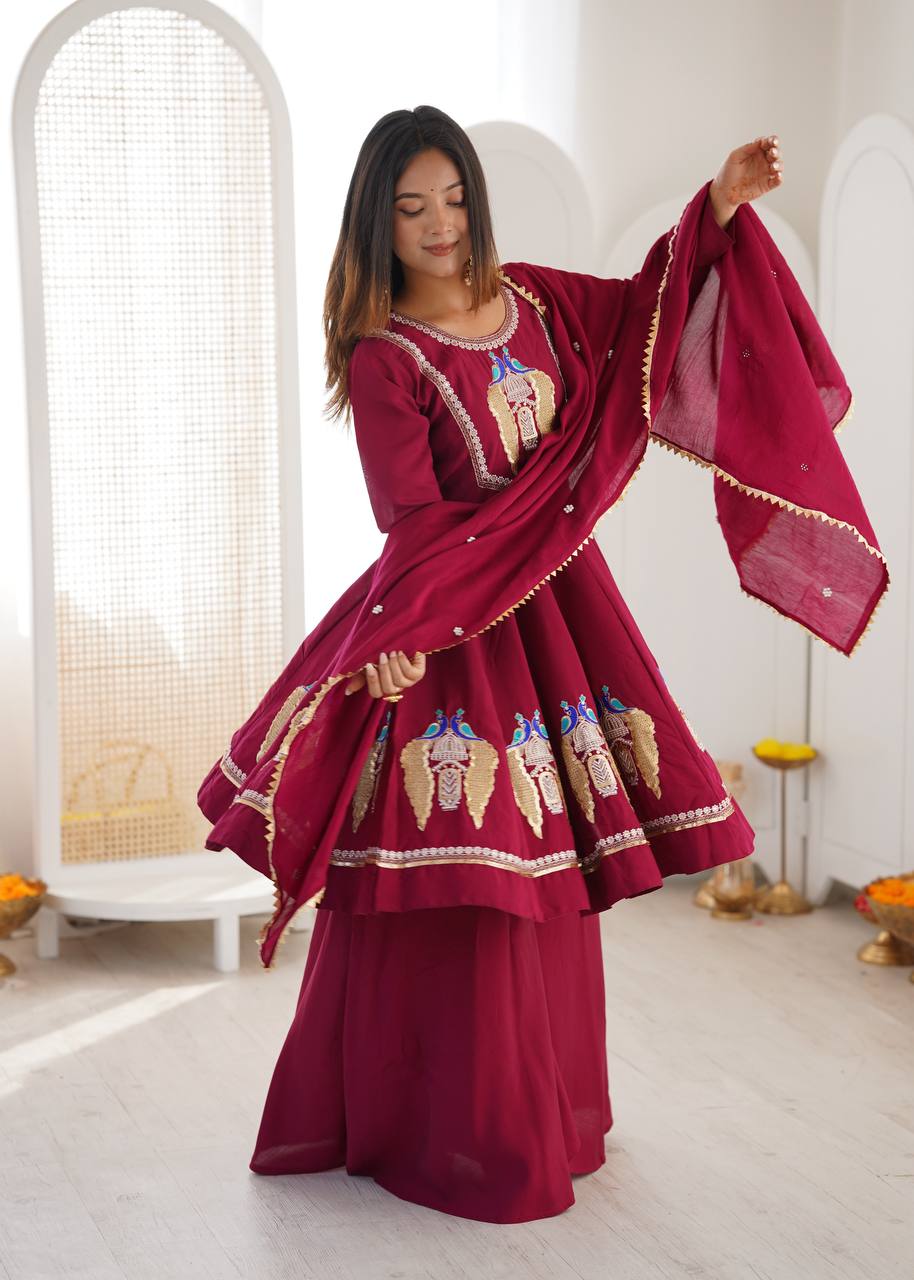 Wine Maroon Peacock Embroidered Anarkali with Palazzo & Contrast Border Dupatta