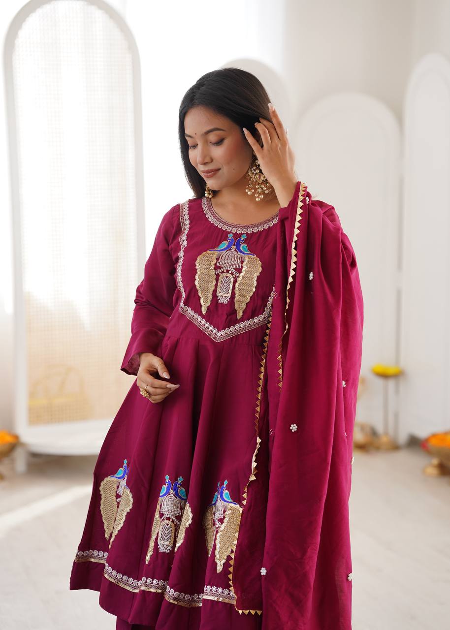 Wine Maroon Peacock Embroidered Anarkali with Palazzo & Contrast Border Dupatta