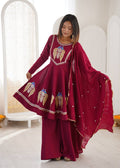 Wine Maroon Peacock Embroidered Anarkali with Palazzo & Contrast Border Dupatta