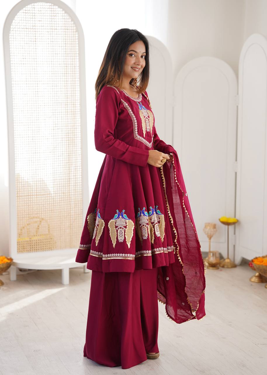 Wine Maroon Peacock Embroidered Anarkali with Palazzo & Contrast Border Dupatta