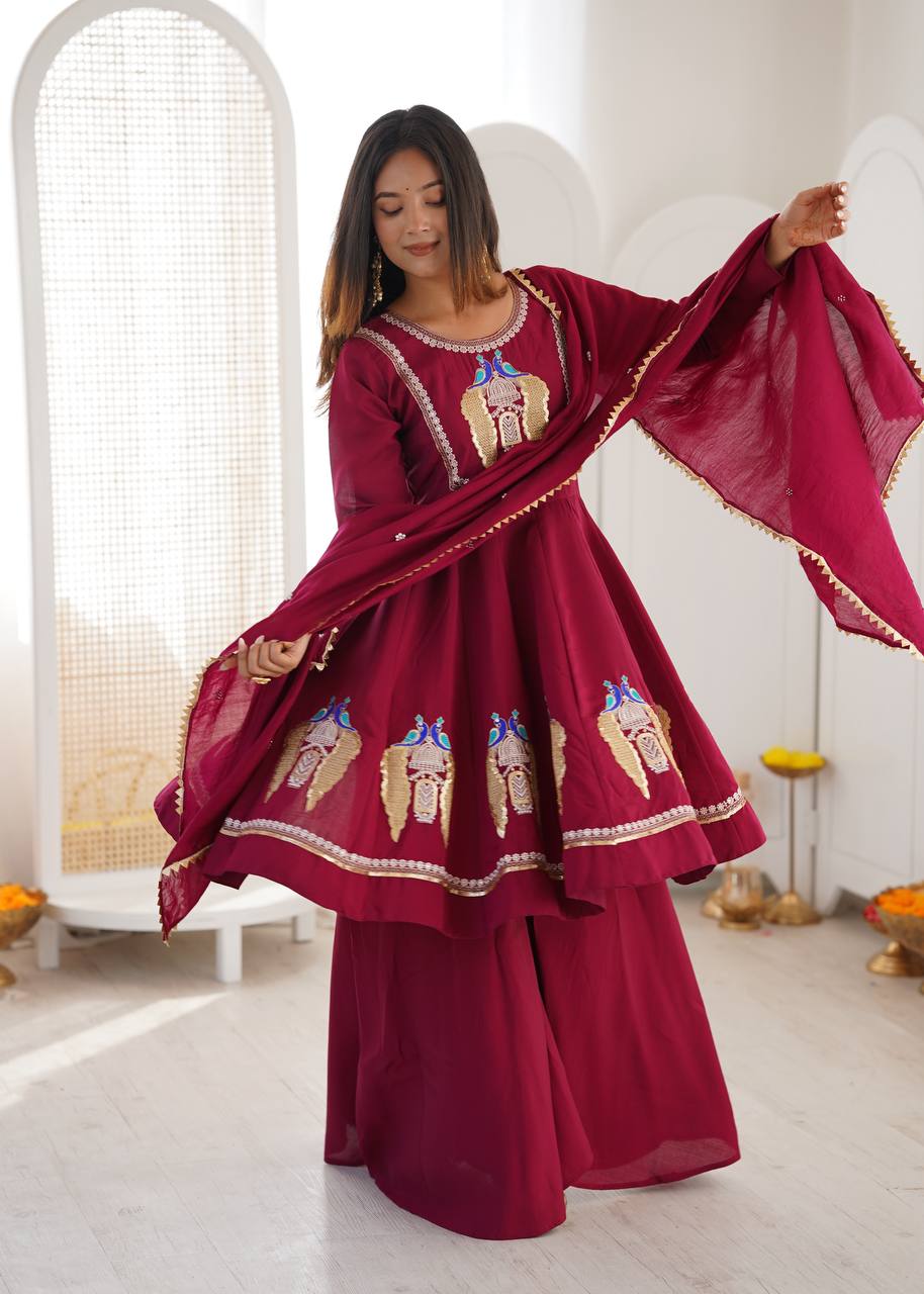 Wine Maroon Peacock Embroidered Anarkali with Palazzo & Contrast Border Dupatta