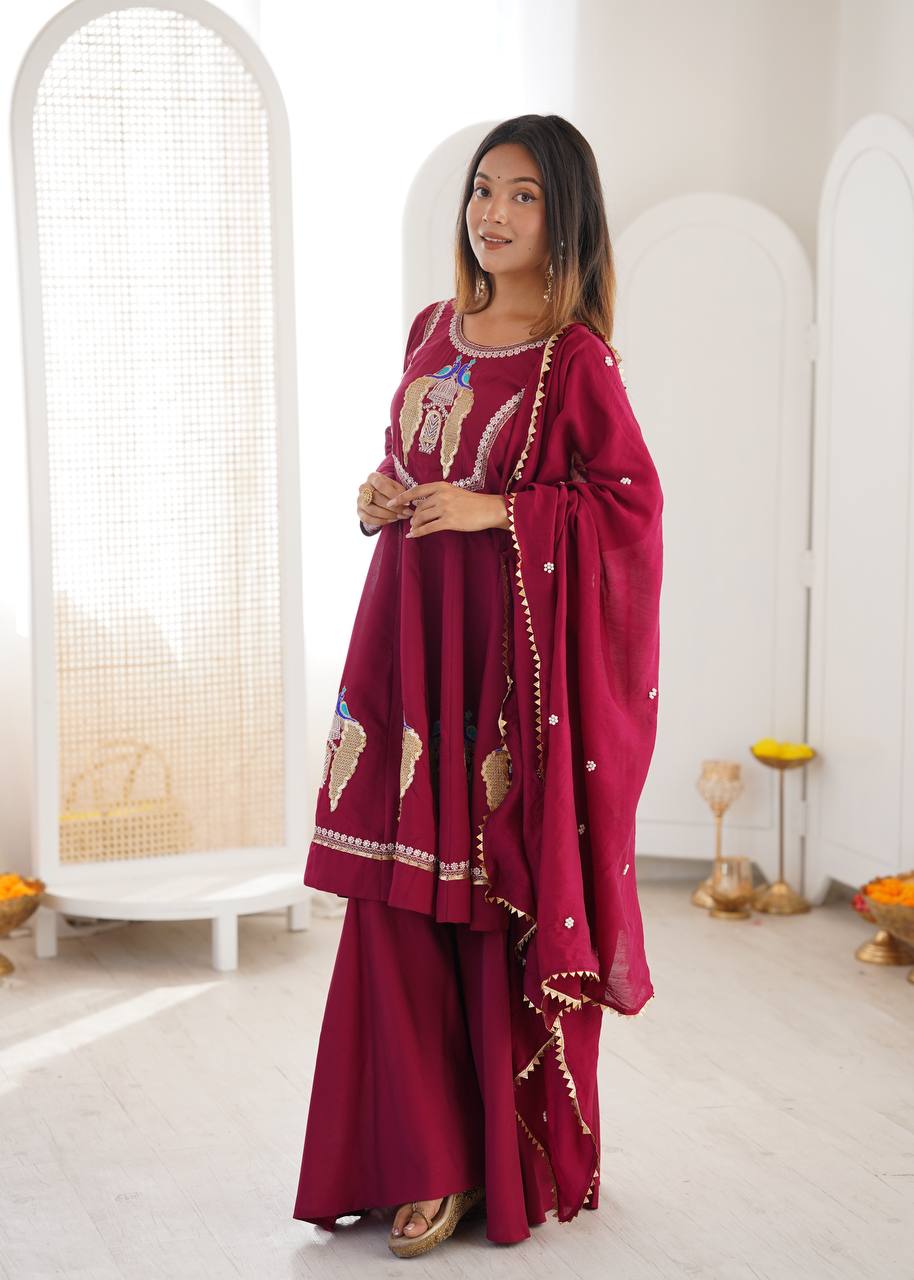 Wine Maroon Peacock Embroidered Anarkali with Palazzo & Contrast Border Dupatta