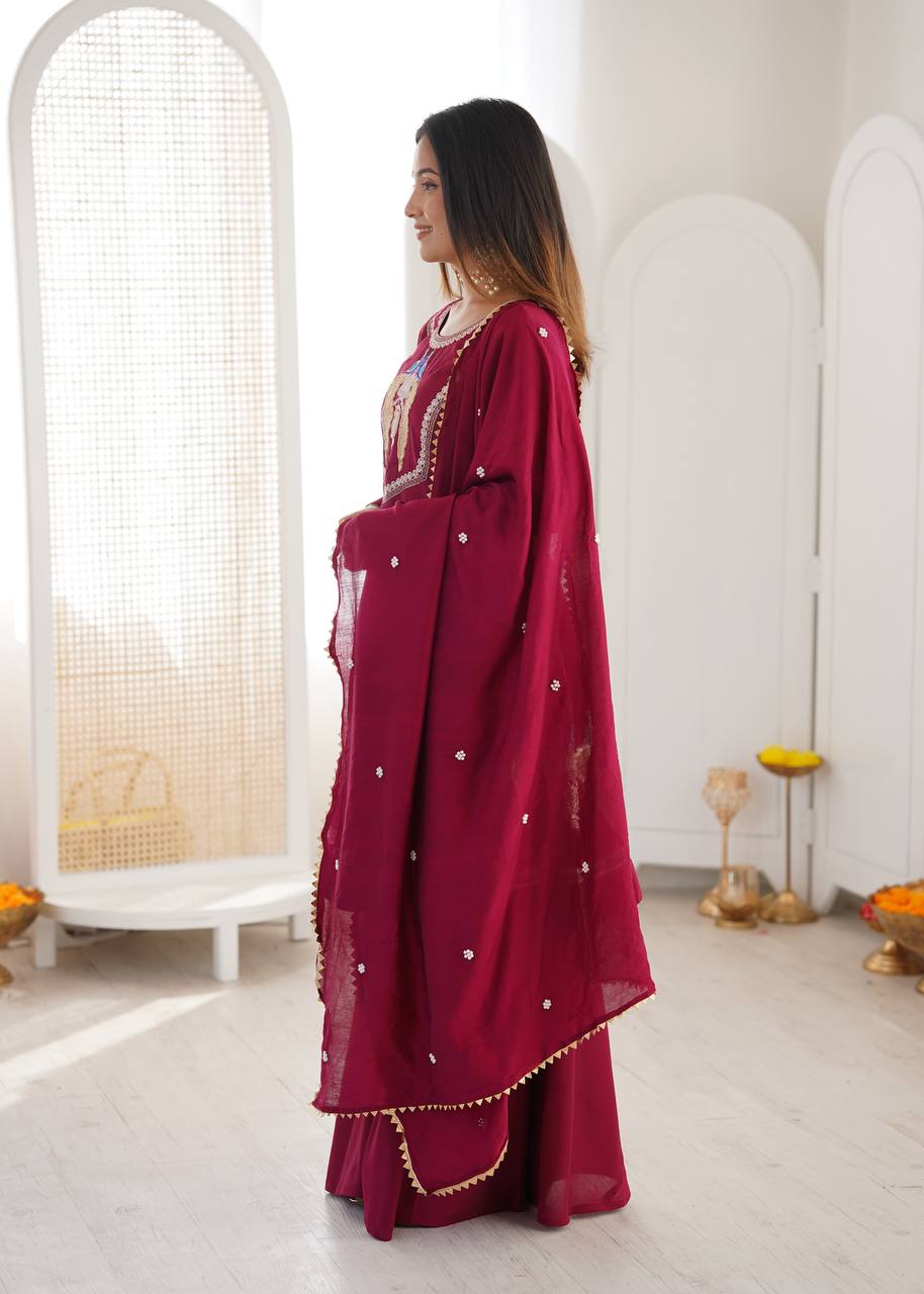 Wine Maroon Peacock Embroidered Anarkali with Palazzo & Contrast Border Dupatta