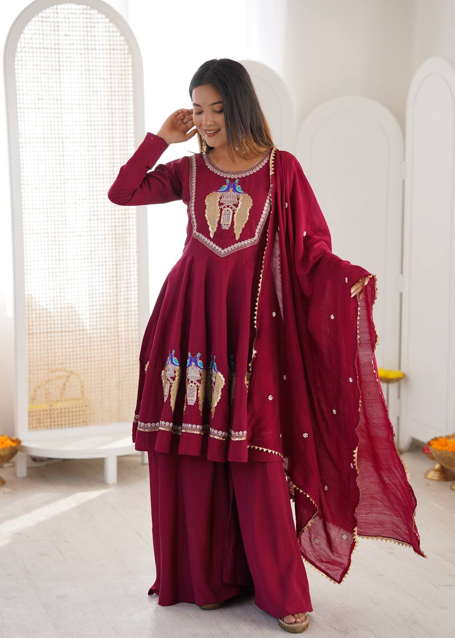 Wine Maroon Peacock Embroidered Anarkali with Palazzo & Contrast Border Dupatta
