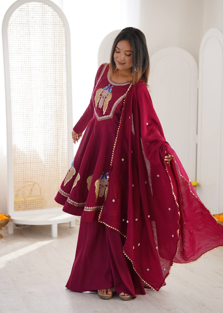 Wine Maroon Peacock Embroidered Anarkali with Palazzo & Contrast Border Dupatta