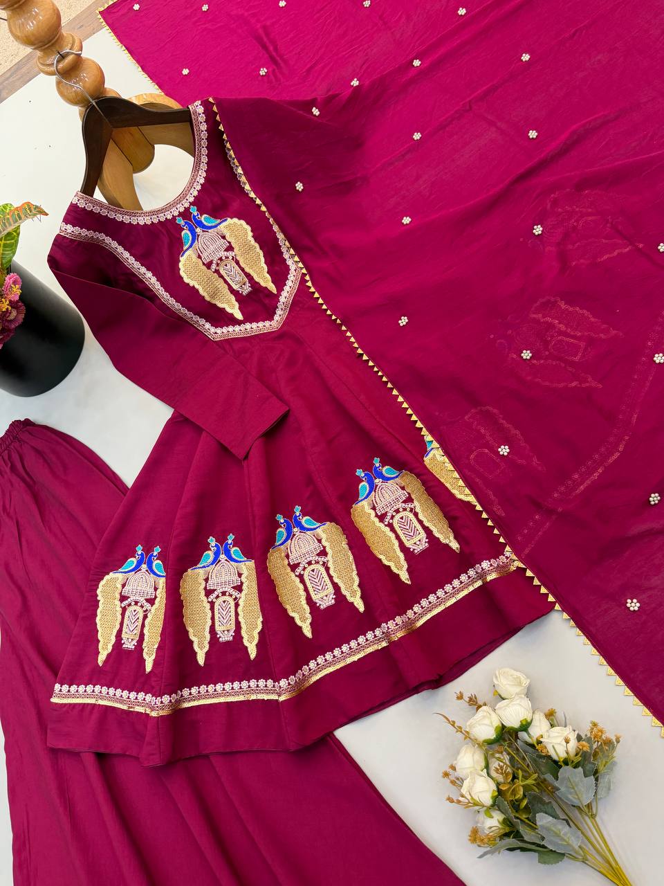 Wine Maroon Peacock Embroidered Anarkali with Palazzo & Contrast Border Dupatta